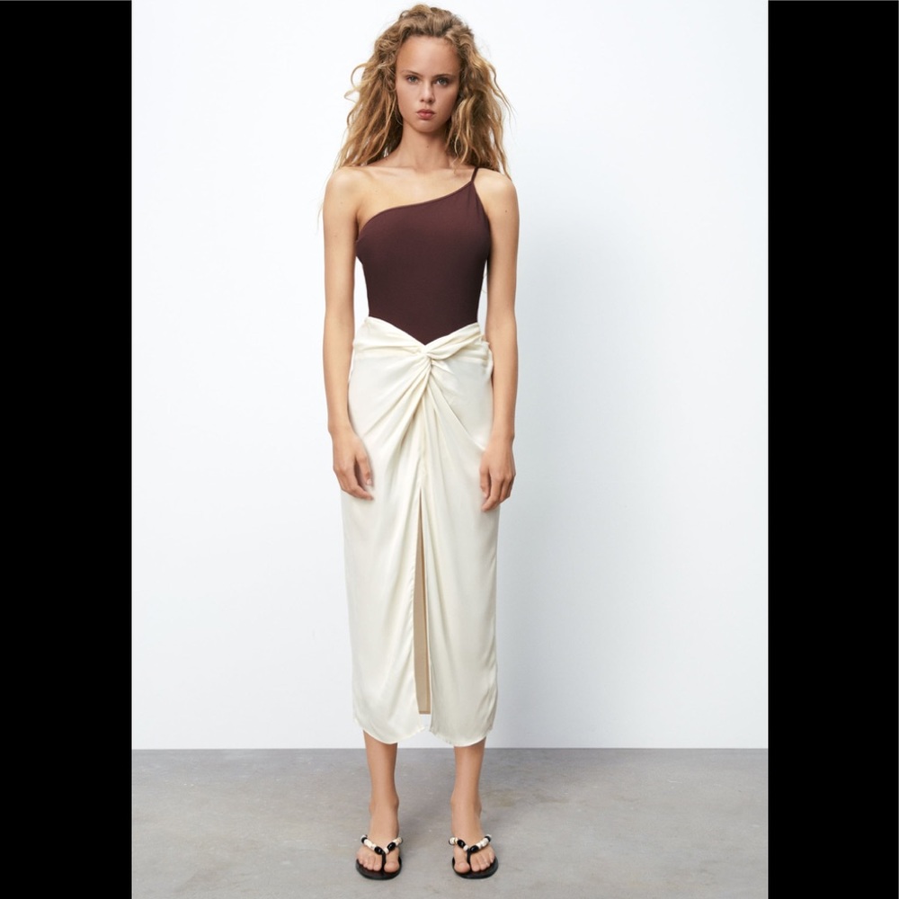 Zara satin knot twist high waist white ecru midi skirt slit dress